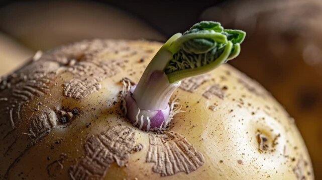 Sprouting potato tuber with green shoot close-up.