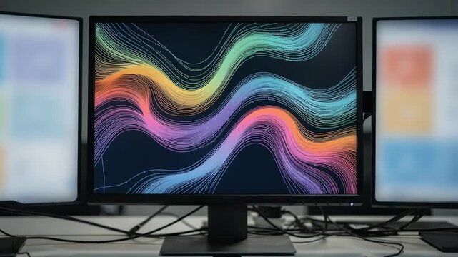Medium shot showcasing back office AI audience analytics screen clear view on interactive charts of audience movement patterns with subtle blur on adjacent monitors.
