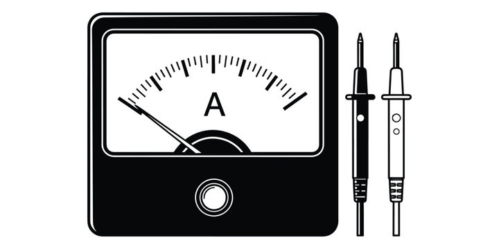 Black and white illustration of an ammeter with two probes isolated on white background