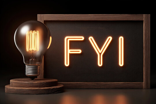 A glowing vintage light bulb next to a neon sign displaying "FYI" in a wooden frame on a dark background.