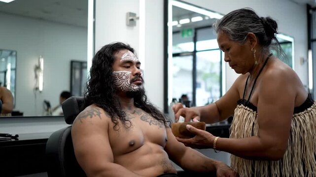 Maori man getting traditional face painting in barber shop, cultural art