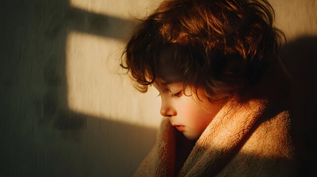 A young child is wrapped in a towel and looking at the camera