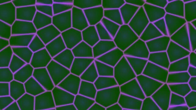 Abstract Voronoi pattern with glowing purple lines on dark green background. Seamless loop 4k animation.