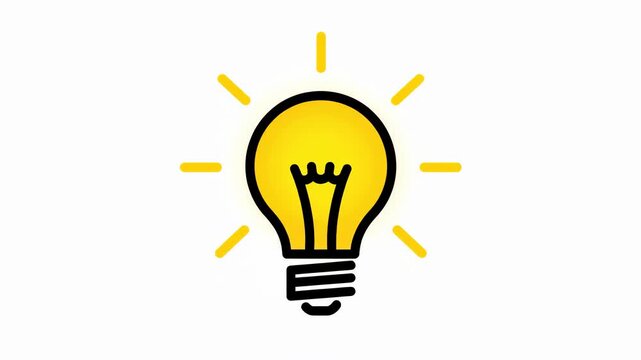 A yellow lightbulb with a black outline glows on a white background emitting yellow rays