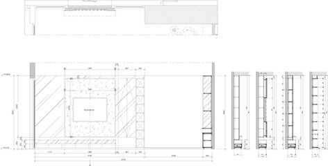 Interior Design Drawing of Modern Living Room TV Cabinet Wall with Built-in Drawers Vector Illustration
