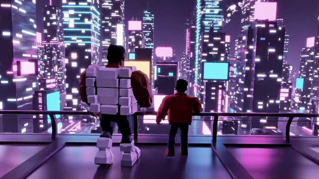 A futuristic cityscape at night with two figures running down a walkway