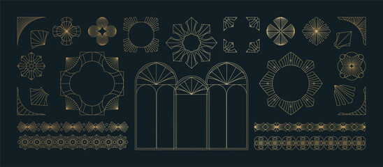 A collection of geometric Art Deco ornament vectors. Luxury golden decorative elements featuring various lines, frames, headers, dividers, and borders. A set of gold-foil line designs. Elegant and sui © TWINS DESIGN STUDIO