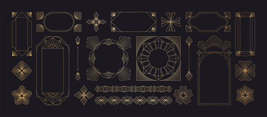 Naklejka na ściany i meble A collection of geometric Art Deco ornament vectors. Luxury golden decorative elements featuring various lines, frames, headers, dividers, and borders. A set of gold-foil line designs. Elegant and sui