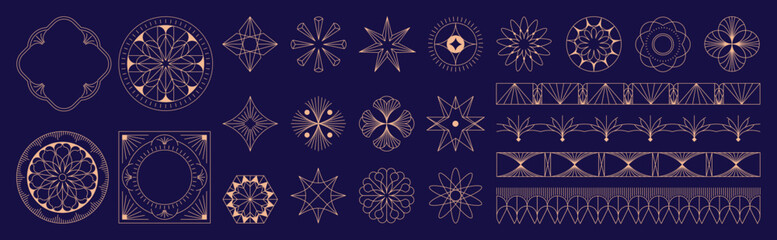 A collection of geometric Art Deco ornament vectors. Luxury golden decorative elements featuring various lines, frames, headers, dividers, and borders. A set of gold-foil line designs. Elegant and sui © TWINS DESIGN STUDIO