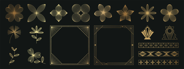Obraz premium A collection of geometric Art Deco ornament vectors. Luxury golden decorative elements featuring various lines, frames, headers, dividers, and borders. A set of gold-foil line designs. Elegant and sui