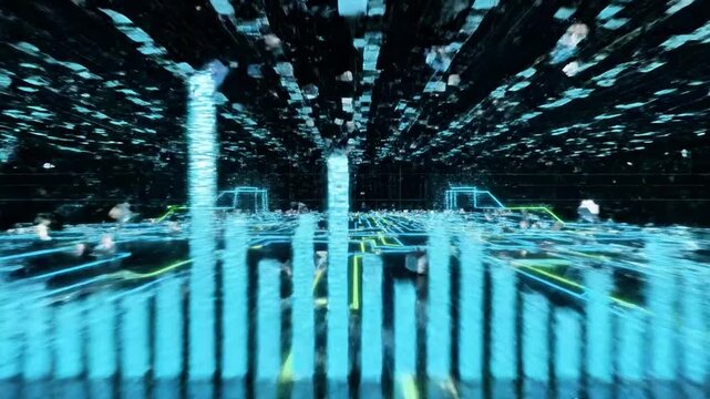 A futuristic digital tunnel with blue and green neon lines radiating from a central point, surrounded by scattered small white cubes