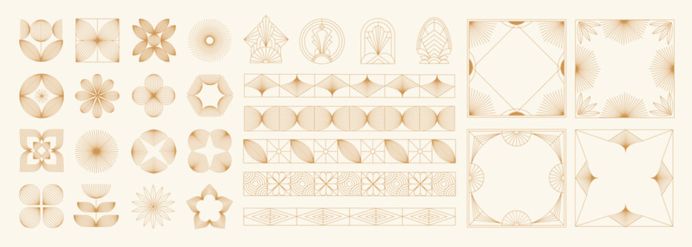 A collection of geometric Art Deco ornament vectors. Luxury golden decorative elements featuring various lines, frames, headers, dividers, and borders. A set of gold-foil line designs. Elegant and sui