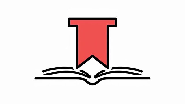 An open book with black outlines features a red bookmark extending upwards from its pages on a white background