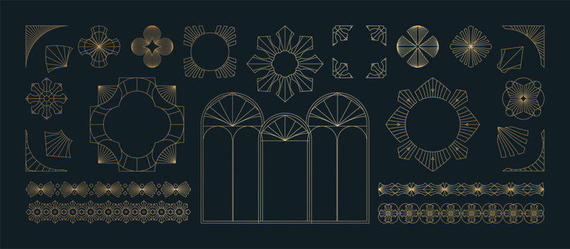 A collection of geometric Art Deco ornament vectors. Luxury golden decorative elements featuring various lines, frames, headers, dividers, and borders. A set of gold-foil line designs. Elegant and sui