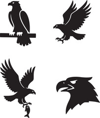 Obraz premium Four black eagle silhouettes in different poses on white background