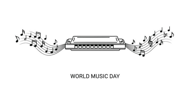 World Music Day harmonica icon with musical notes