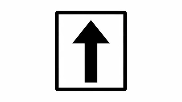 Black upward arrow inside a rectangular frame with rounded corners featuring two small horizontal marks near the top edges on a white background