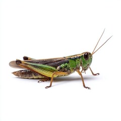 A vibrant green grasshopper on a white background.