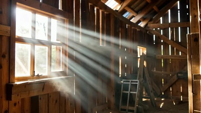 Sunbeams streaming through rustic barn windows with dust particles