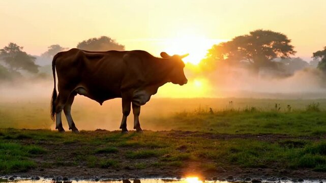 Majestic brown cow standing in misty field at sunrise