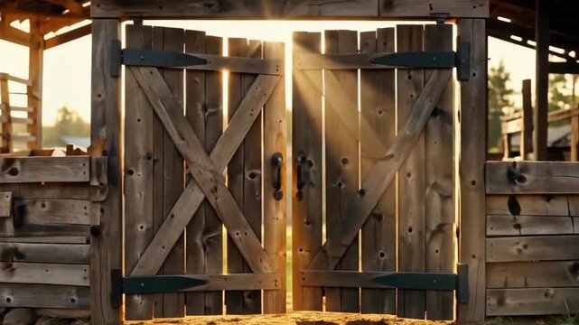 Rustic wooden gate opening to serene countryside at sunrise