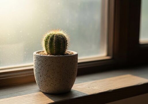 A small cactus in a pot on a windowsill