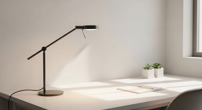 A desk lamp on a white desk with a plant and papers