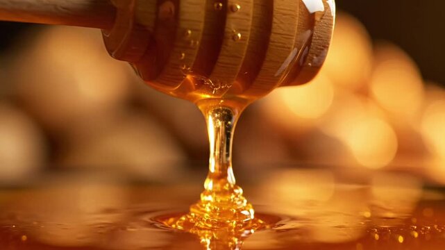 Golden honey dripping from a wooden honey dipper into a pool.