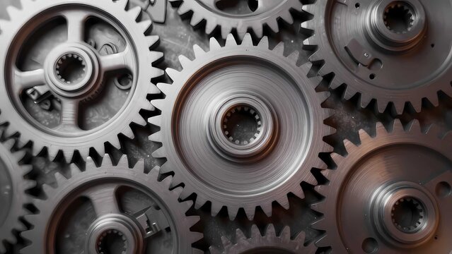 Close up of industrial metal gears and mechanical engine parts for engineering technology
