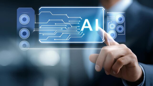 Person interacts with glowing AI icon on transparent virtual screen, representing integration artificial intelligence in daily life. Highlights advanced digital transformation, innovation