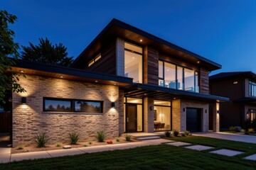 Fototapeta premium Modern two-story house with stone facade and large windows illuminated at dusk.