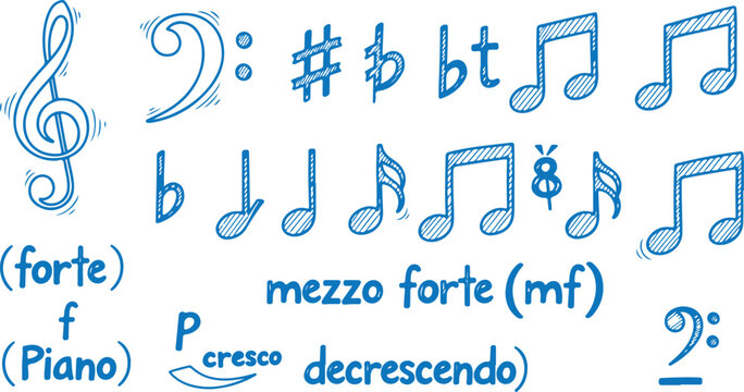 Musical notes stave line pattern symbols icon for staff and music note theme Transparent background wave Piano, jazz sound notes Fun vector key sign Classic clef Doodle
