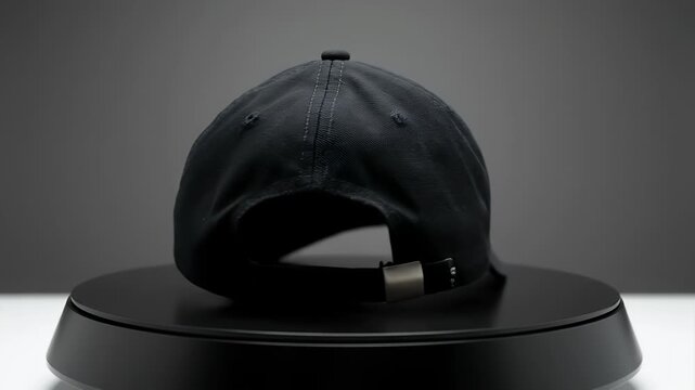 Rotating Black Baseball Cap Mockup on Display Stand with Gray Gradient Background Studio Lighting