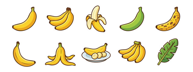 Banana Icons Set Cartoon Style Whole Peeled and Sliced Bananas Illustration © welyalfian