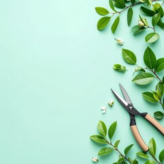 マットなソフトミント背景に小さなグリーンの葉と園芸はさみを右上に配置したフラットレイ構図。
トップビューで広い余白を確保したミニマルなフラットデザインのベクターイラスト。
自然光を感じる明るいトーンで影は控えめなクリーンスタイル。