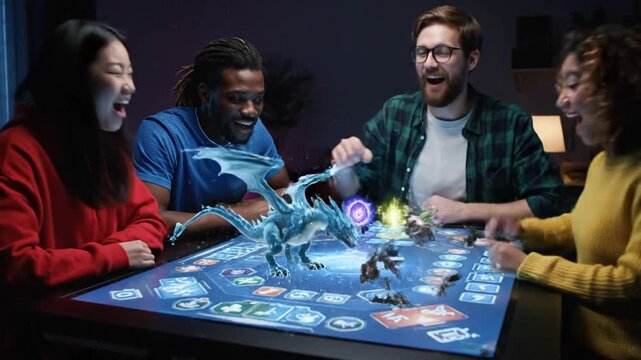 Friends playing an interactive holographic board game with fantasy characters and dragons