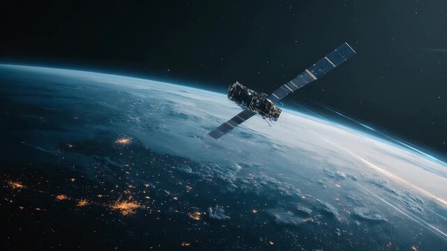 A modern satellite floats above Earth, showcasing the beauty of our planet from space with visible city lights and atmospheric layers. This image emphasizes innovation and global connectivity