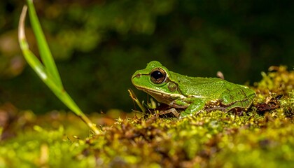 Obraz premium Green Frog Amidst Mossy Habitat: A vibrant green frog perches serenely upon a bed of lush, green moss, its presence a small yet potent symbol of nature's delicate balance and vibrant life.