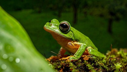 Obraz premium Emerald Frog's Contemplation: A vibrant green frog perches serenely, its gaze focused and thoughtful. The lush green surroundings create a captivating contrast.