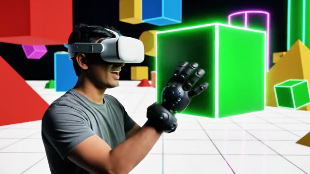 A man wearing a virtual reality headset and holding controllers stands in a room with colorful cubes