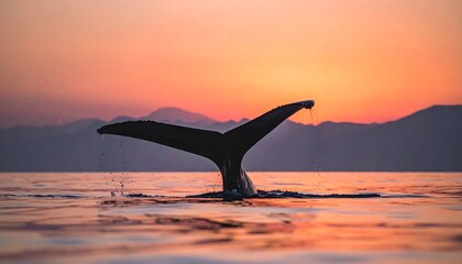Fototapeta premium Whale Tail Silhouette at Sunset: The majestic fluke of a whale breaks the surface, silhouetted against a fiery sunset, a symbol of freedom in the vast ocean.