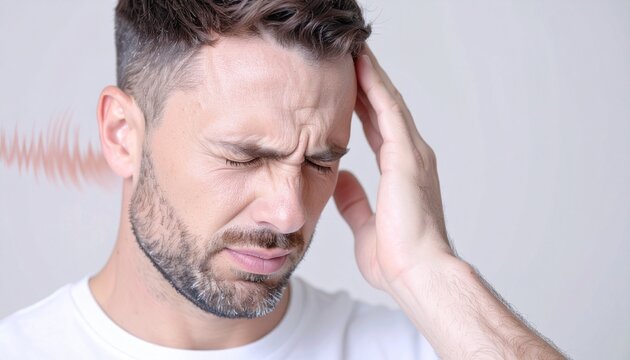 Close-up of a man covering his ears and suffering from tinnitus noise