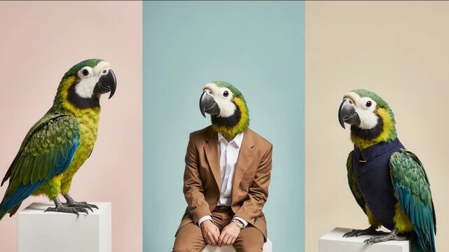 Conceptual image of identity featuring parrots and a man in a suit