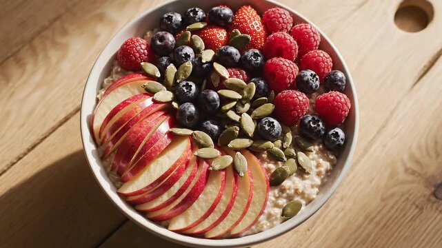 Overhead Shot of Healthy Oatmeal Bowl with Fresh Berries and Apple Slices