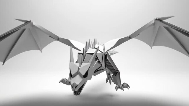 Geometric angular creature with sharp edges prominent wings and a textured body rendered in monochrome against a soft light background