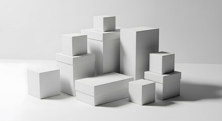 A collection of various sized white blank packaging boxes stacked together in a clean studio setting with soft shadows