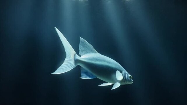 Silver fish swimming gracefully in deep blue ocean water with light rays