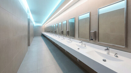 Modern public restroom with a long row of sinks and mirrors under bright LED lighting