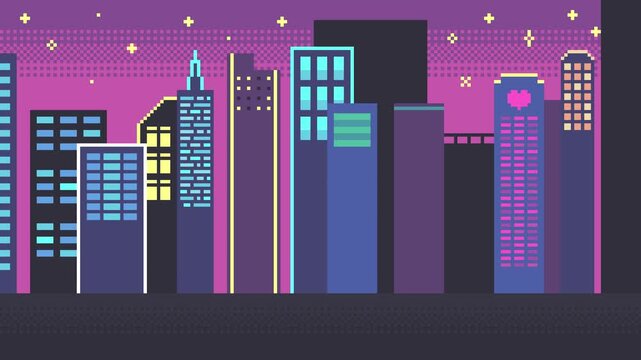 8-bit pixel art cyberpunk neon sign buildings background with stars in the sky. looped animation 4k 30fps