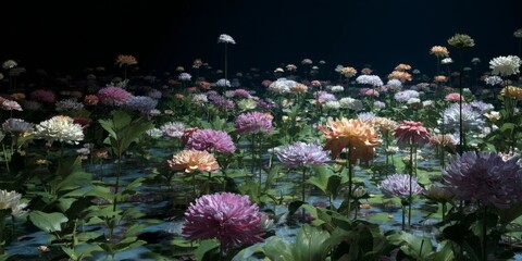 Vibrant Field of Colorful Flowers Against a Dark Background, Captivating Floral Scene with Diverse Petals and Lush Green Leaves